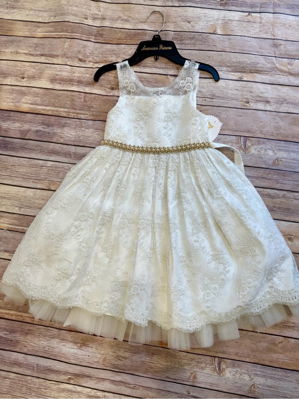 American Princess Ivory Lace Dress with Beaded Gold Waist